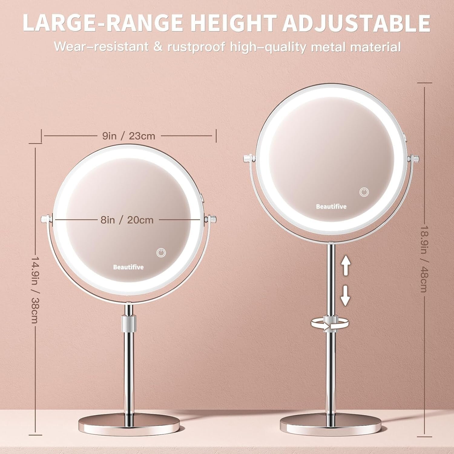 Rechargeable 8” Makeup Mirror with 15X Magnification & Stepless Dimming Light