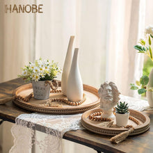Load image into Gallery viewer, Rustic Luxury Brown Wooden Tray - Beaded Decorative Centerpiece for Living Room