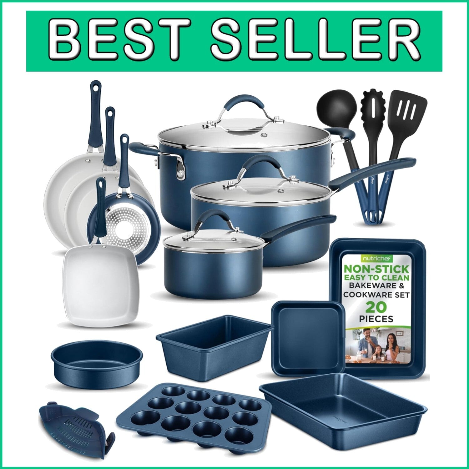 Durable 20-Piece Navy Kitchen Cookware Set - Induction Ready and Dishwasher Safe