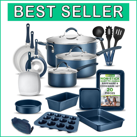 Durable 20-Piece Navy Kitchen Cookware Set - Induction Ready and Dishwasher Safe