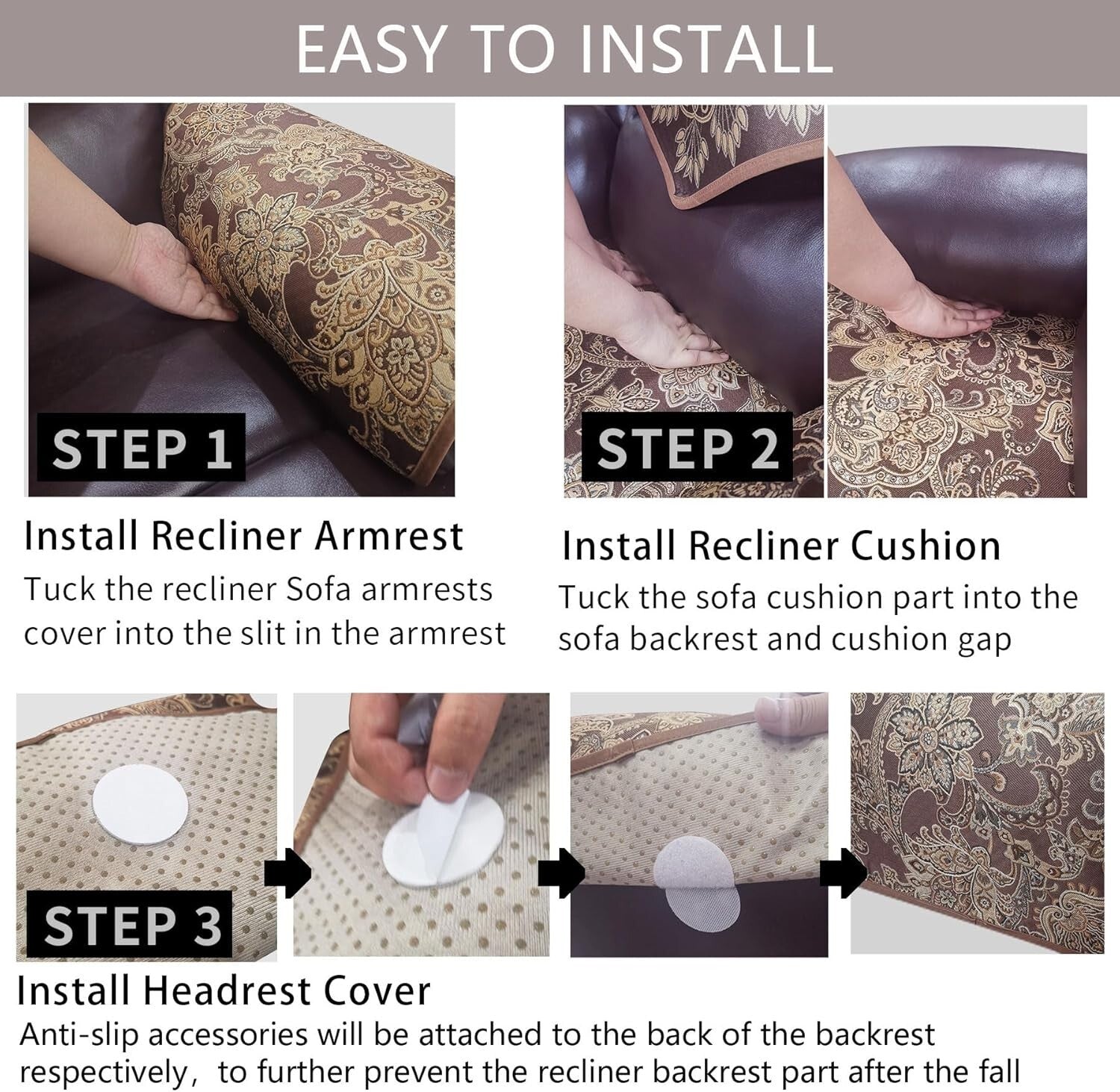 Elegant Waterproof Recliner Chair Covers with Non-Slip Design & Pockets - Brown