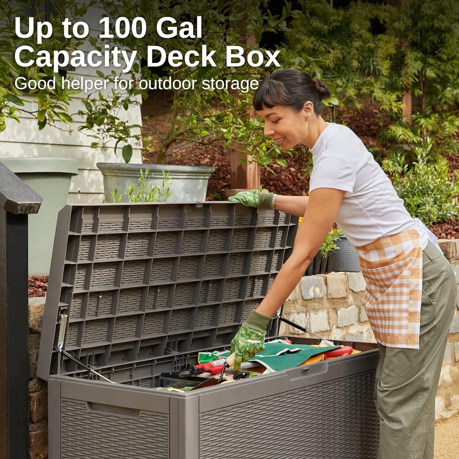 Modern 100 Gallon Resin Outdoor Storage Box with Hydraulic Lift for Easy Use