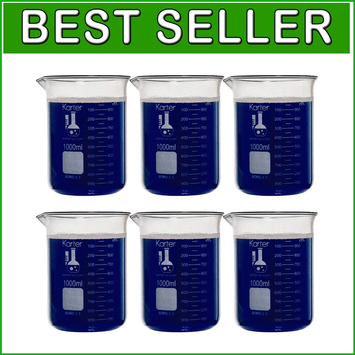 Pack of 6 Borosilicate 3.3 Graduated 1000ml Beakers for Accurate Measurements