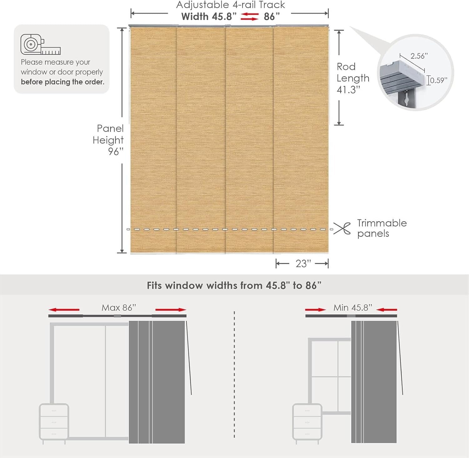 Adjustable Vertical Blinds: Cordless Sliding Door & Room Divider - 45.8" to 86"