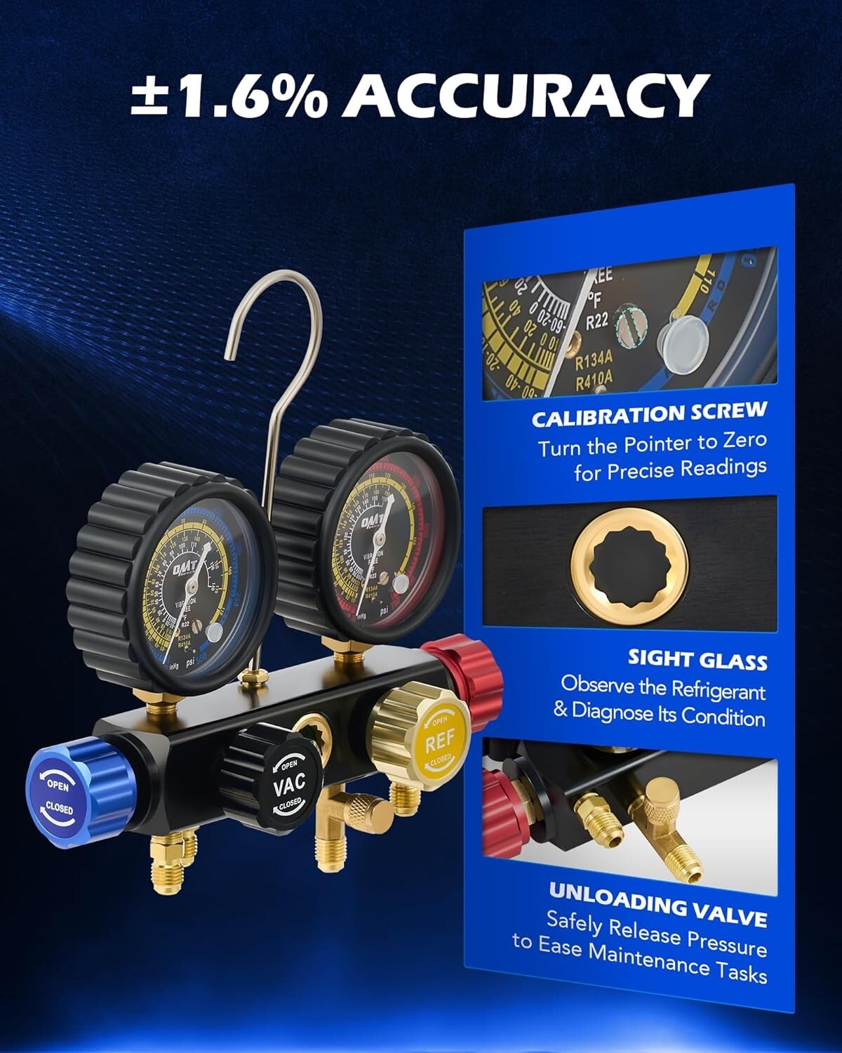 Professional AC Gauge Set: Color-Coded Hoses, Quick Couplers, Moisture Indicator
