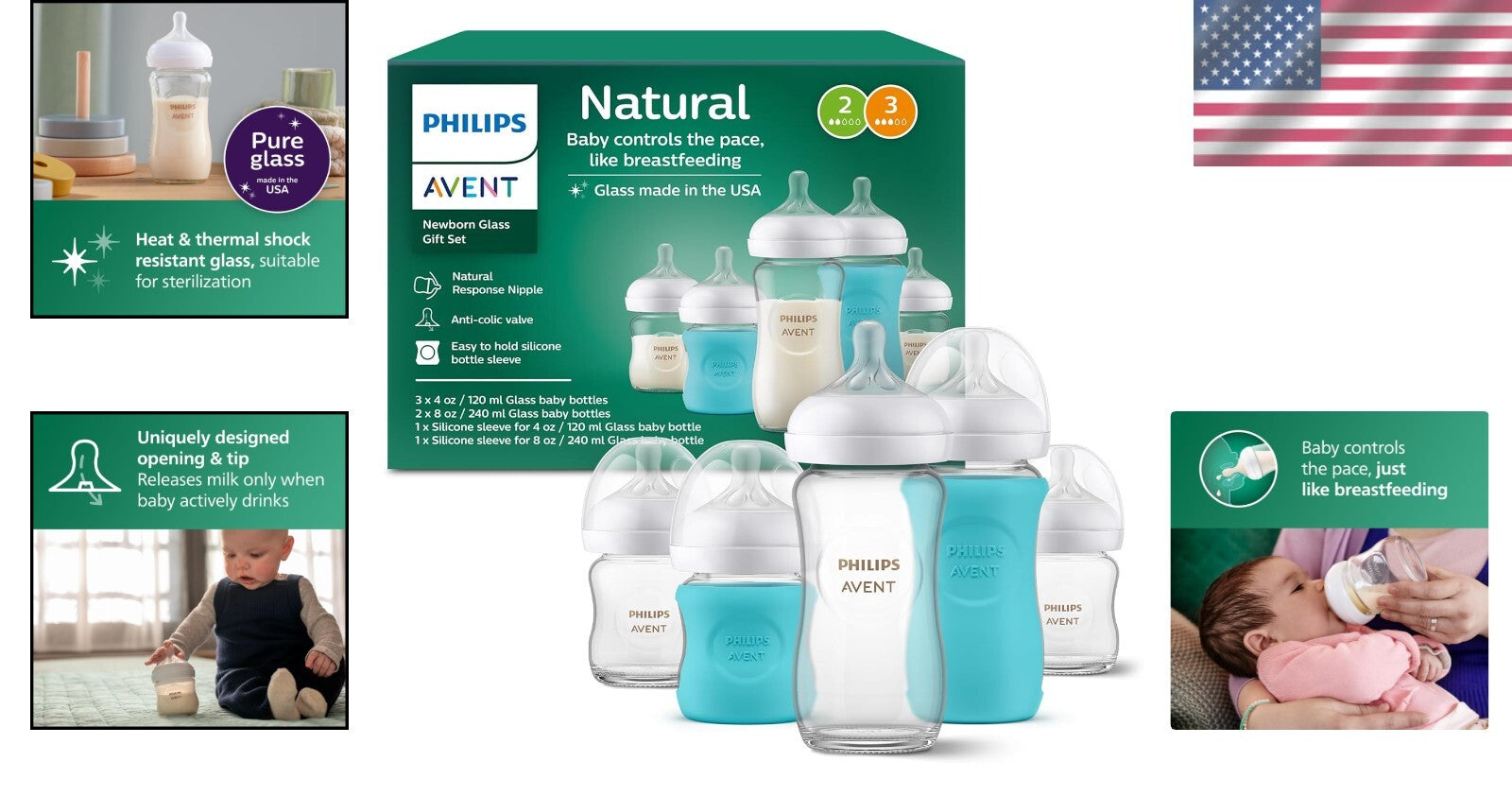 Philips Premium Glass Baby Bottles Gift Set with Natural Flow Nipples & Sleeves