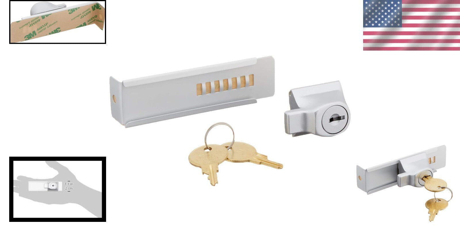 Modern Aluminum Showcase Lock with Peel-and-Stick Feature - Two Keys Included