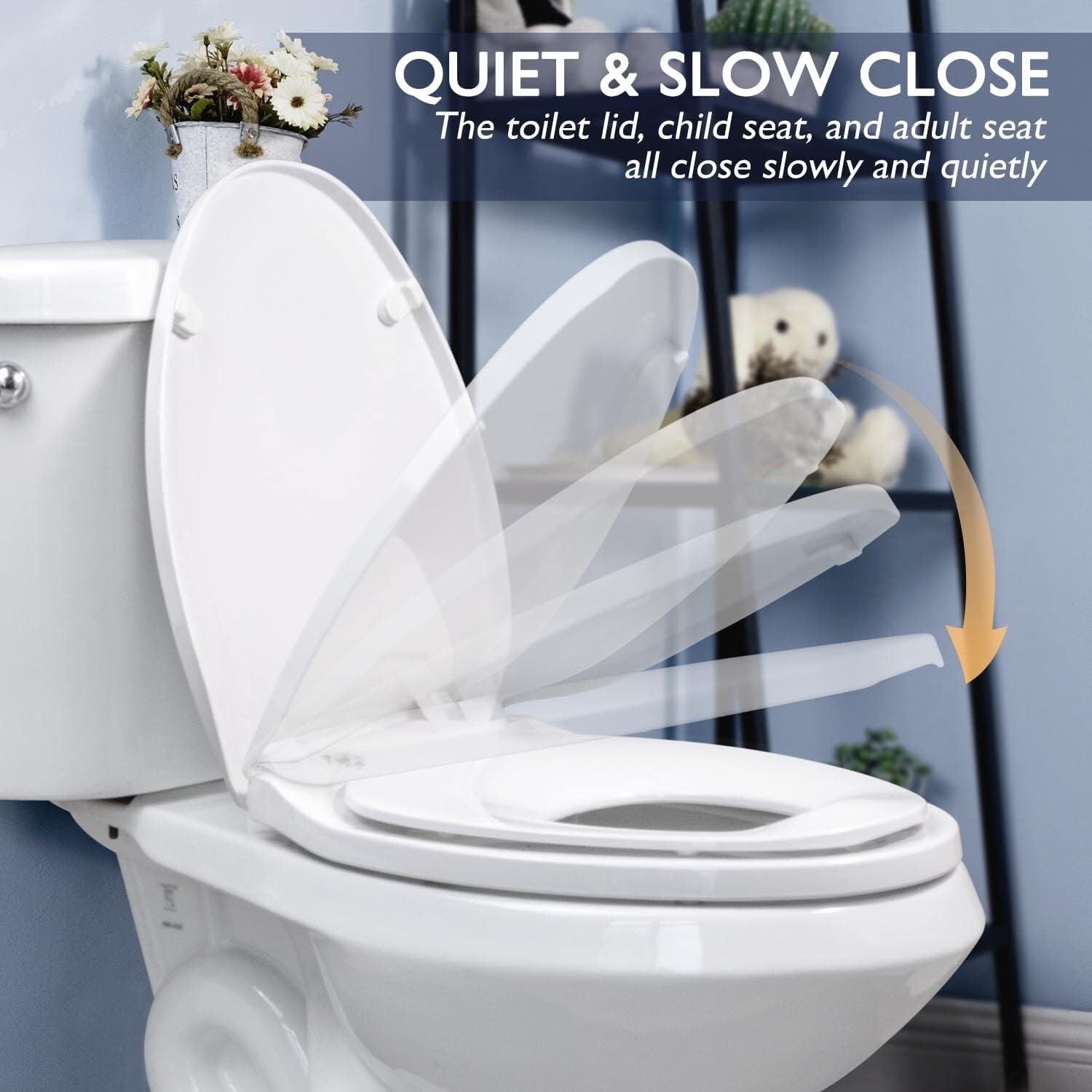 Durable Elongated Toilet Seat with Magnetic Child Seat - White PP Construction