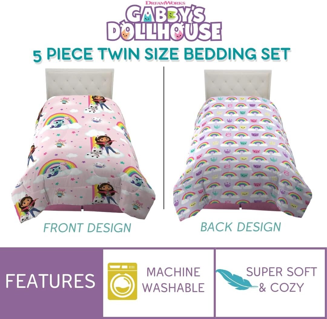Reversible Gabby's Dollhouse Comforter Set - 5 Piece Kids Bedding in Twin Size