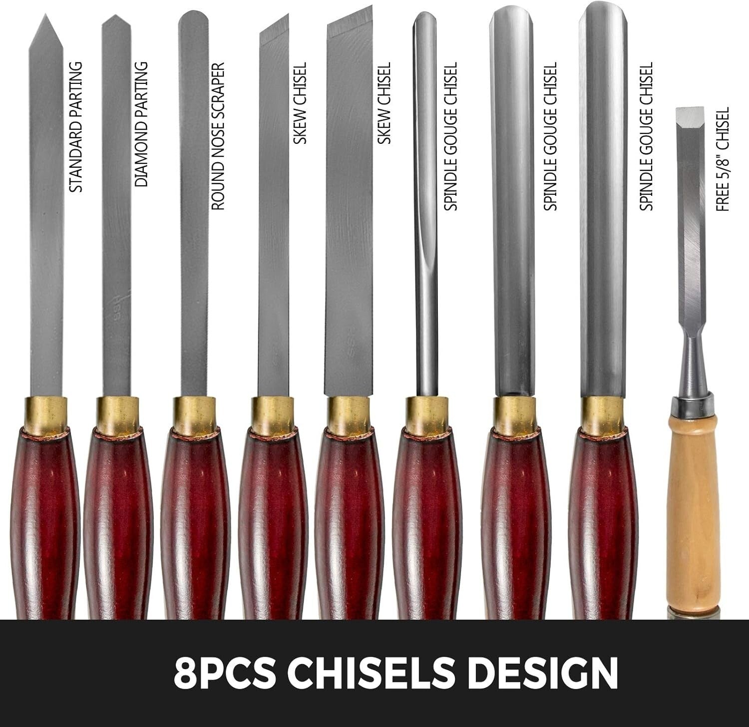 8-Piece HSS Steel Wood Lathe Chisel Set with Eucalyptus Handles in Wooden Case