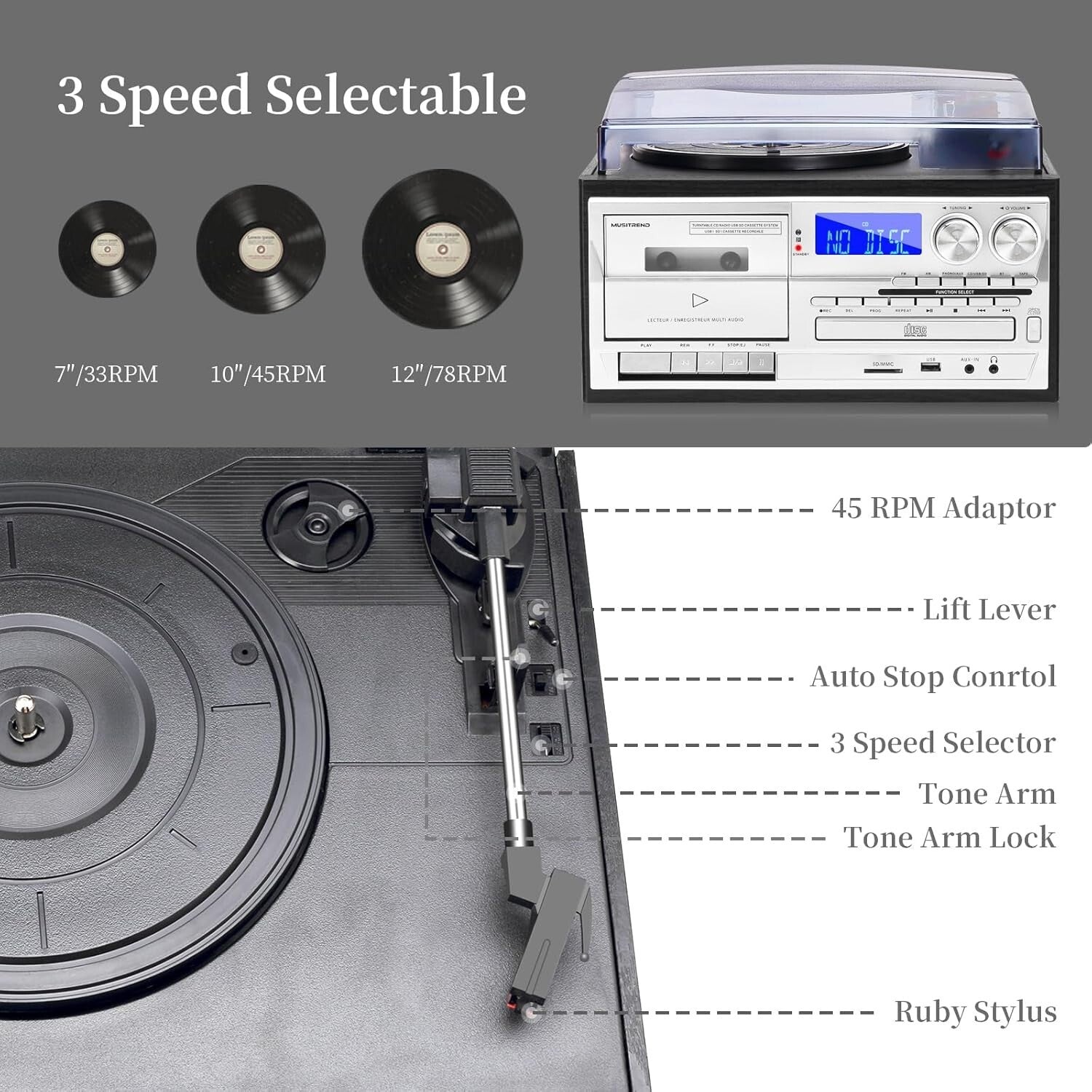 10-in-1 Bluetooth Record Player with External Speakers – Music Versatility in...