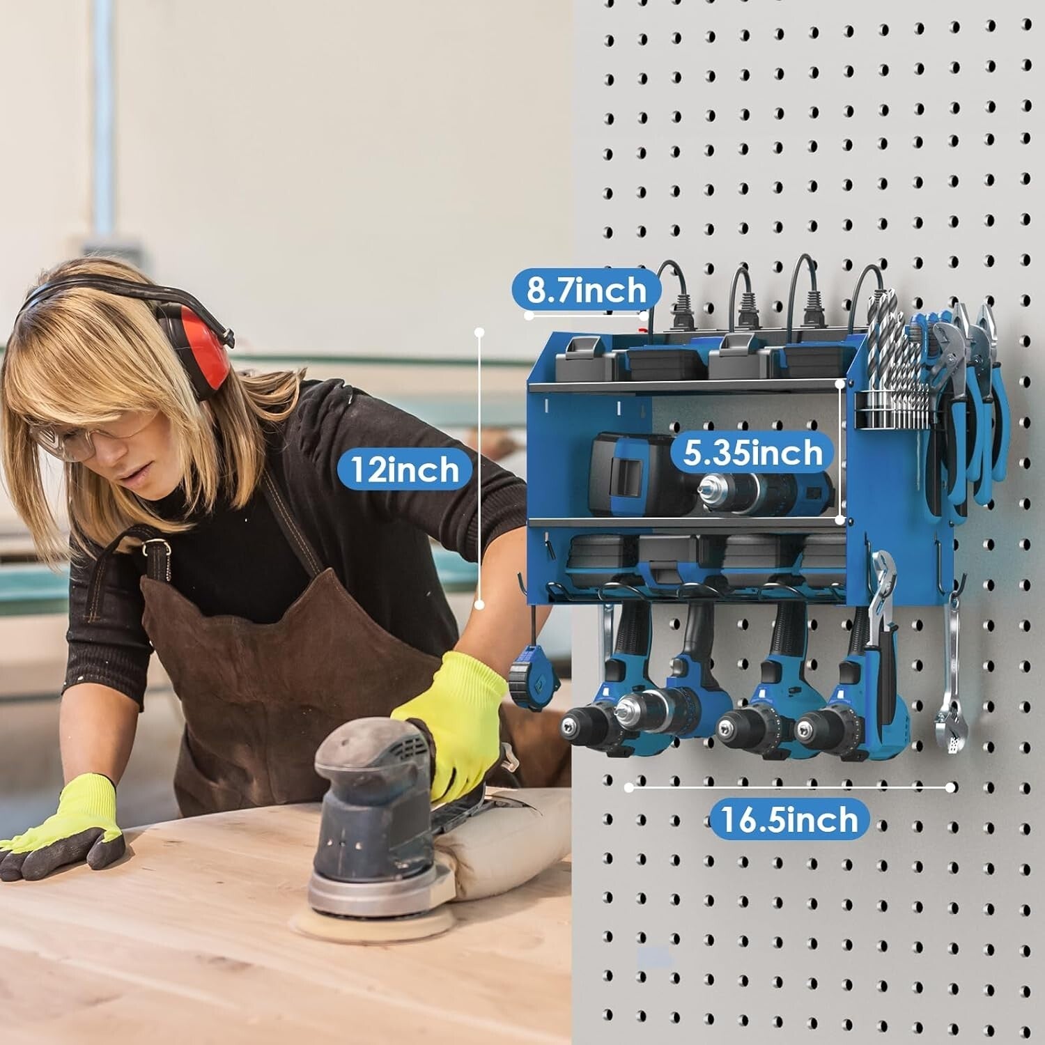 Efficient Garage Tool Organizer with Charging Station & Durable Metal Finish