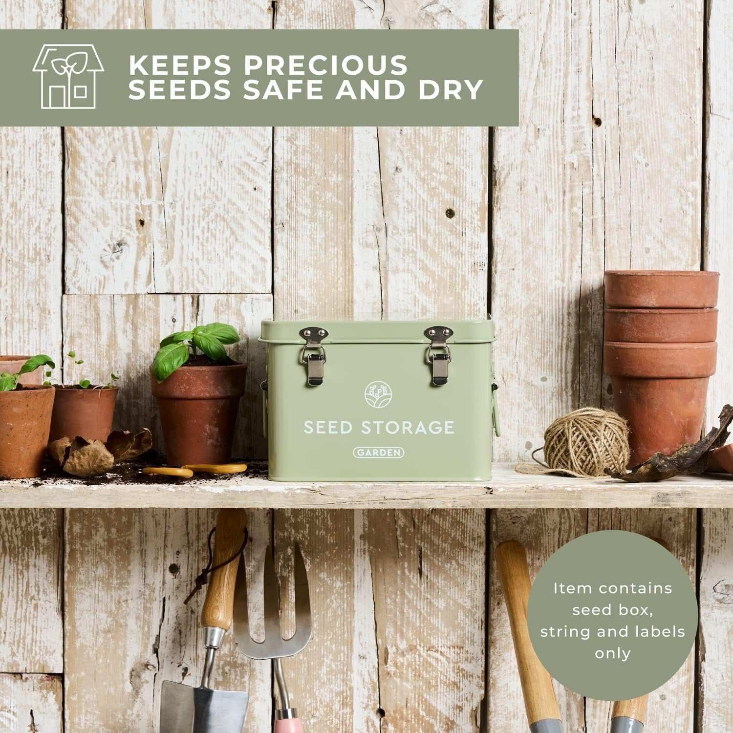 Elegant Metal Seed Storage Box with 3 Compartments & Bamboo Labels - Green