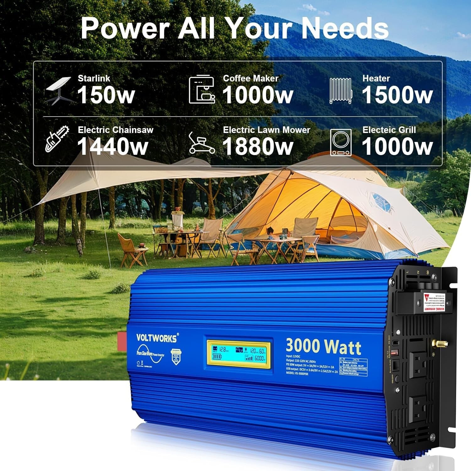Advanced 3000W Power Inverter, 6000W Surge for Off-Grid Solar & Vehicles