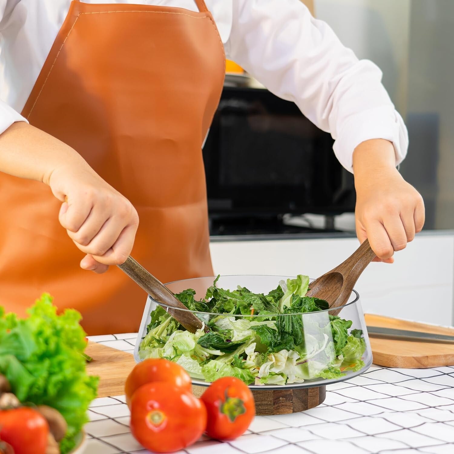 Classic Extra Large Glass Salad Bowl with Serving Utensils and Acacia Wood Stand