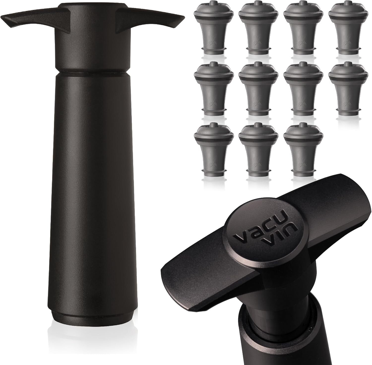 Black Wine Saver Pump with 11 Reusable Stoppers - Easy-to-Use Preservation