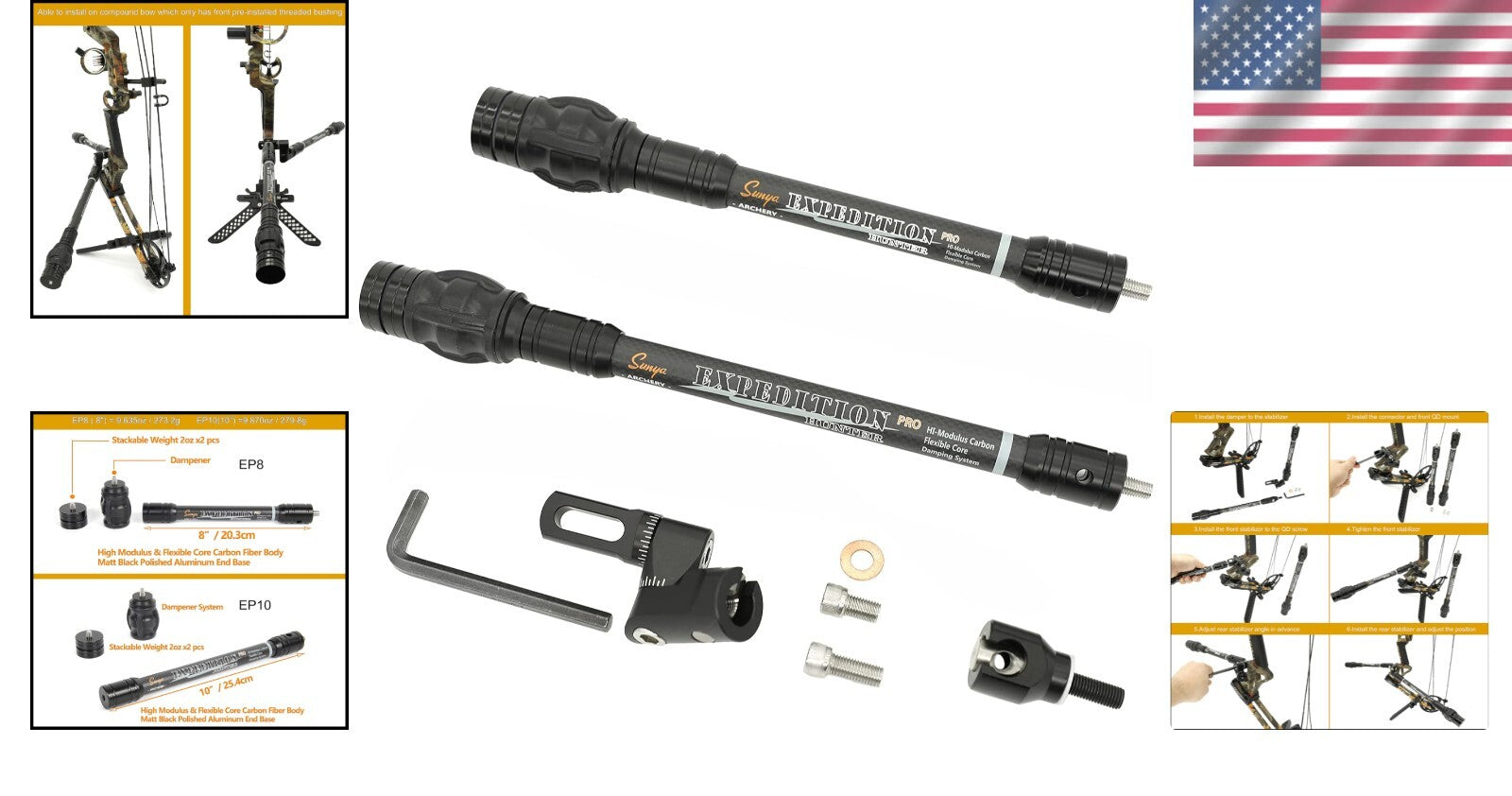 Expedition Series Carbon Bow Stabilizer - Flexible Core & Noise Reduction 8-15"