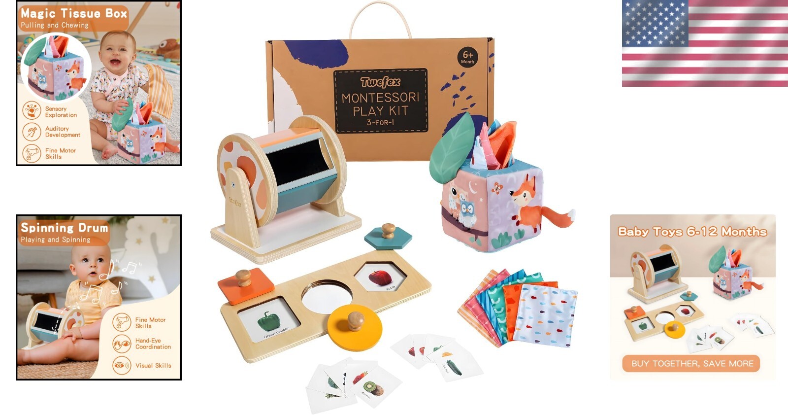 Baby Sensory Play Kit: Spinning Drum, Tissue Box & Peekaboo Puzzle for Infants