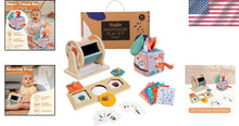 Load image into Gallery viewer, Baby Sensory Play Kit: Spinning Drum, Tissue Box &amp; Peekaboo Puzzle for Infants