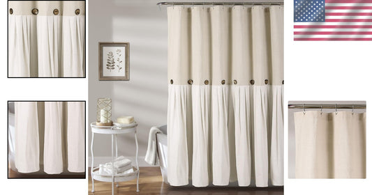 Charming Color Block Shower Curtain with Coconut Buttons - Farmhouse Decor