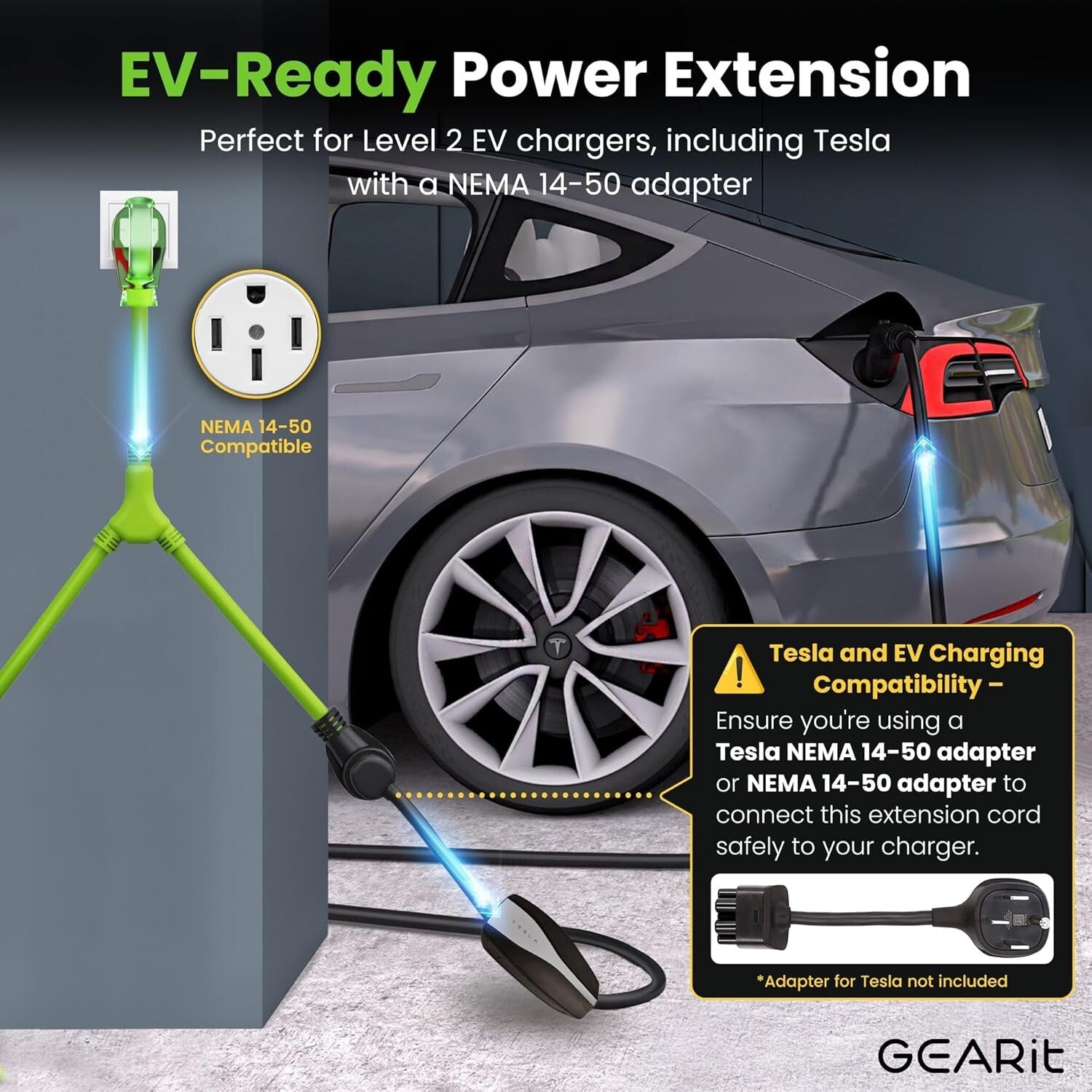 Bright Green 50A Y Splitter Adapter for RV & EV - NEMA 14-50P to 2 NEMA 14-50R