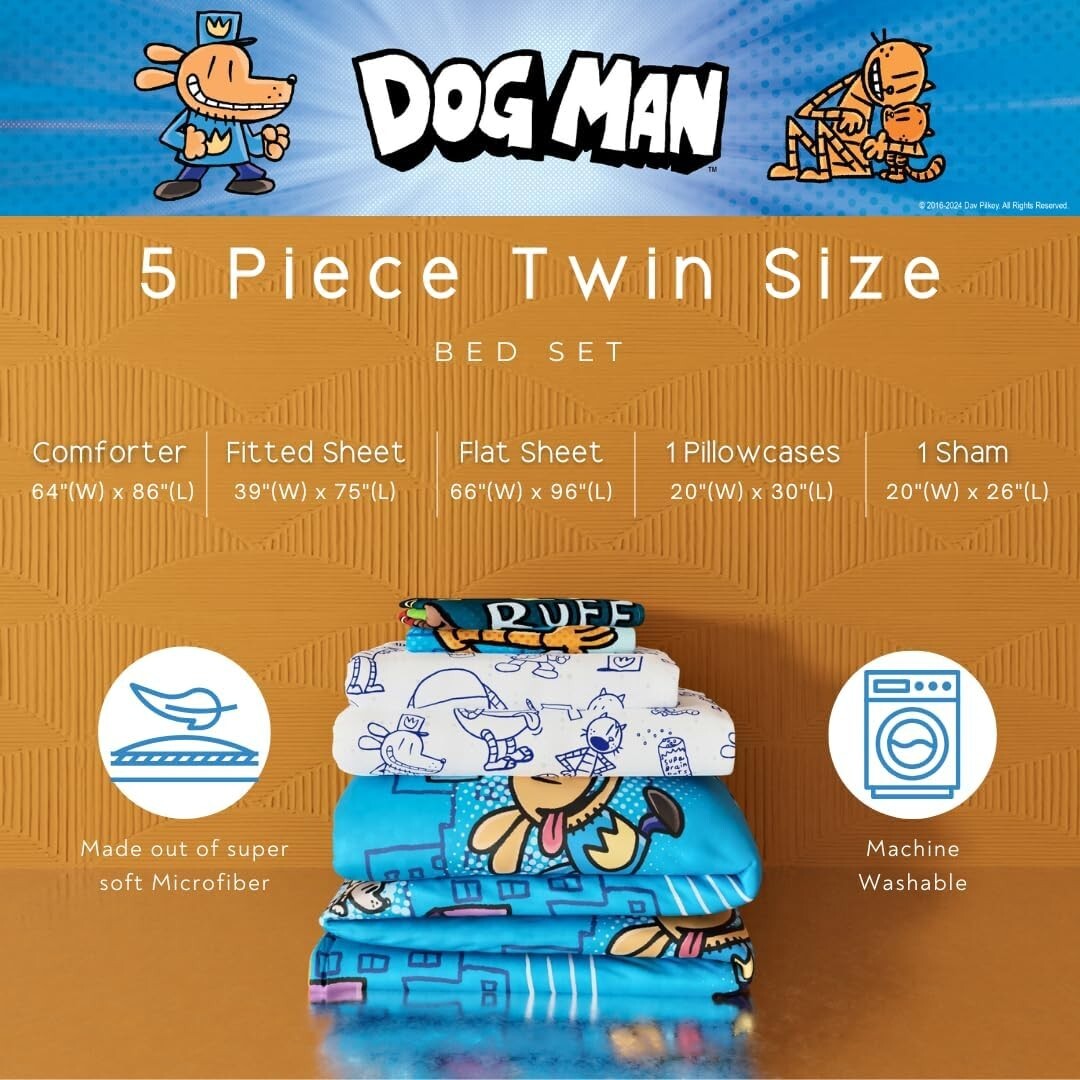 Officially Licensed Dog Man Bedding Set - 5 Piece Twin Size Microfiber Comfort