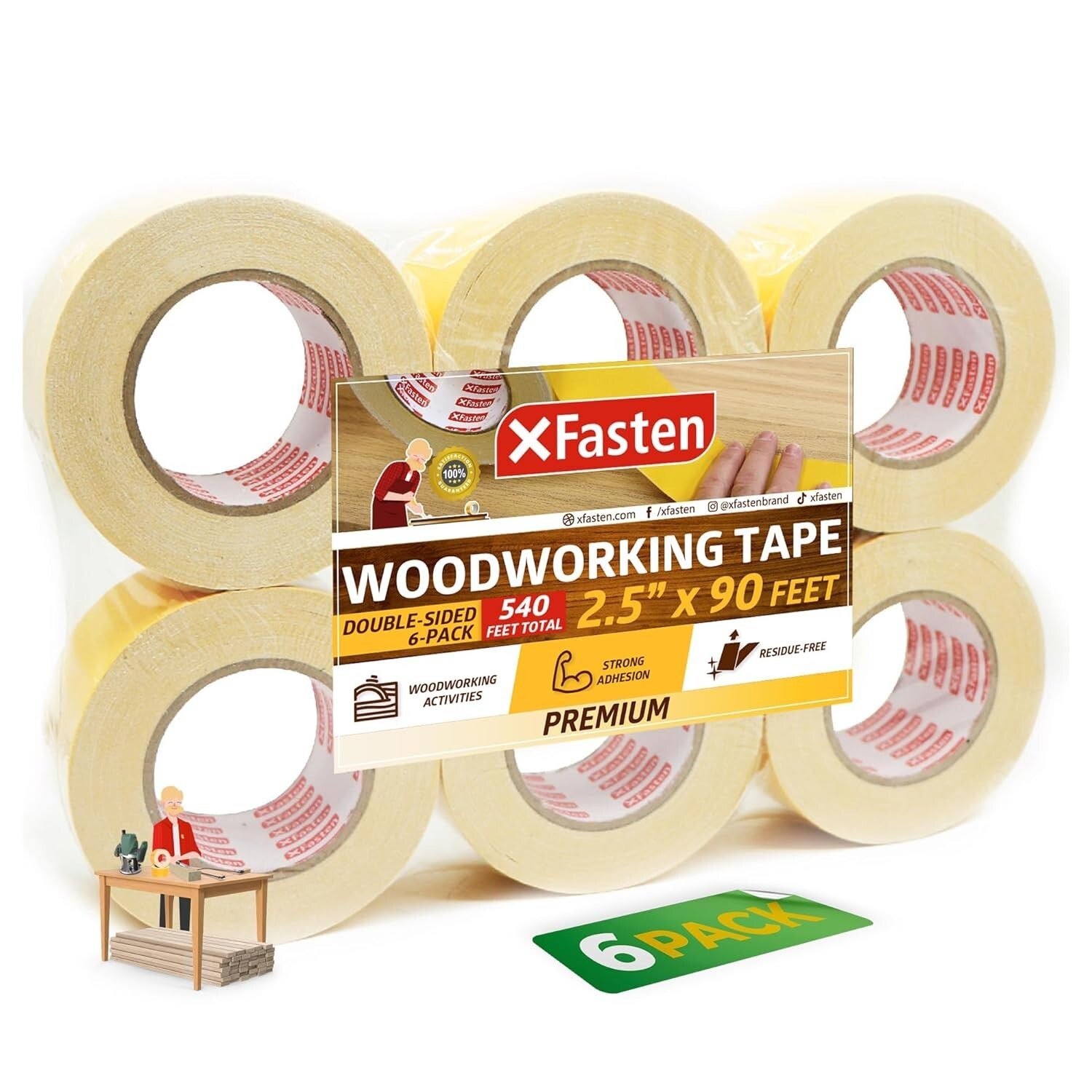 Easy Peeling Residue-Free Double-Sided Tape, 2.5" x 90' - 6 Pack for Woodworking