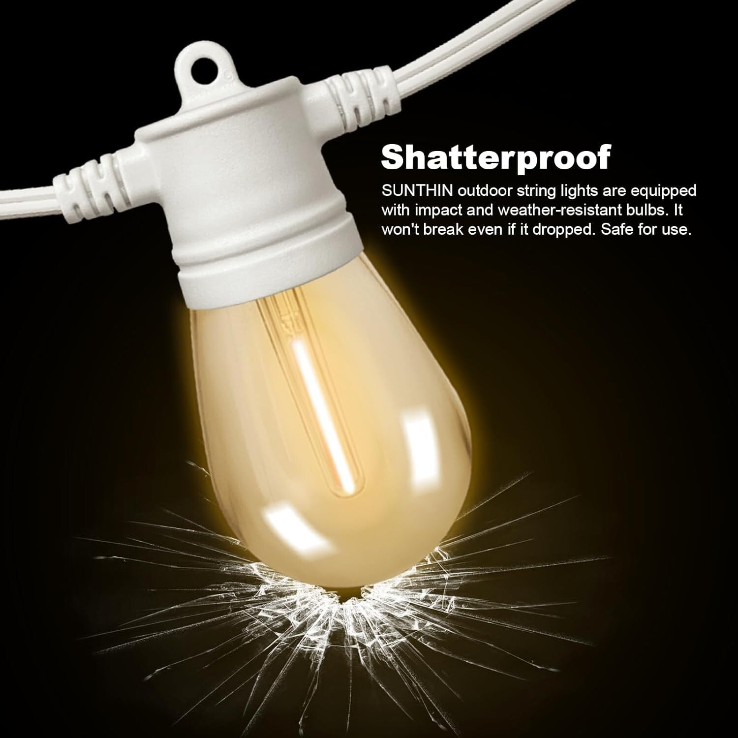 48ft Outdoor String Lights with 16 Shatterproof LED Bulbs - Dimmable & Weathe...