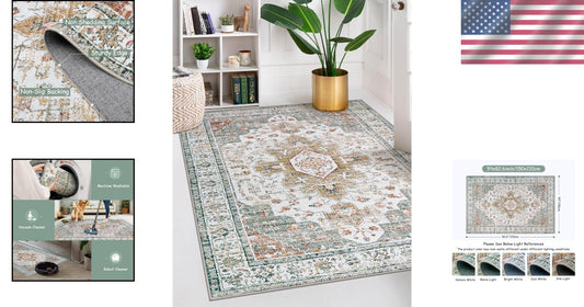Machine Washable Area Rug 5' x 7' - Non-Slip Vintage Floral Carpet for Any Room