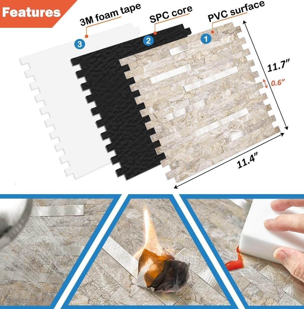 Elegant Sandstone 10-Pack Peel & Stick Textured Tile: DIY Kitchen/Bath Finish