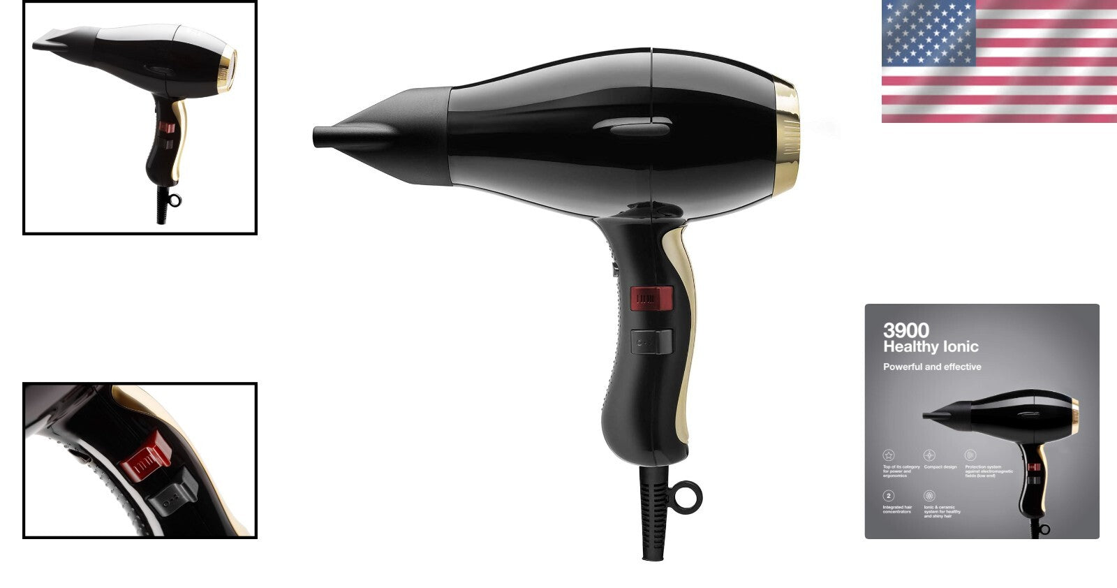 Professional 2000W Ionic Hair Dryer with 2 Attachments - Black & Gold Style
