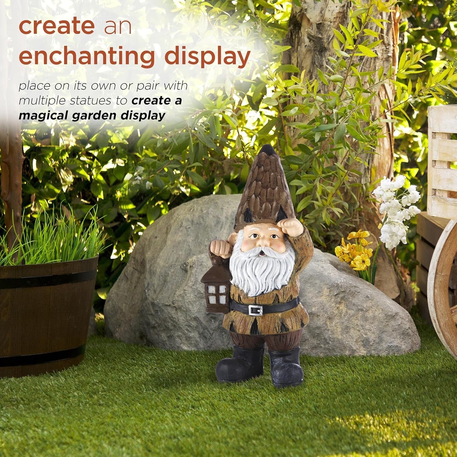 Durable Indoor/Outdoor Gnome with Lantern - 16" Brown Statue for Gardens
