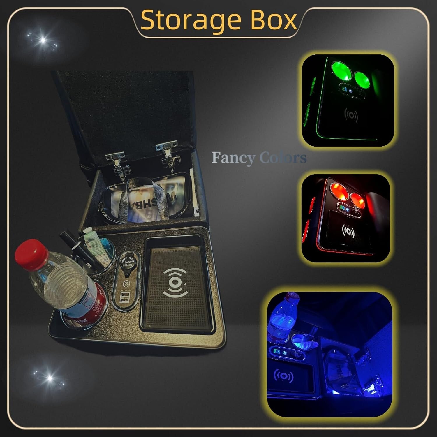 Stylish Armrest Storage Box with Wireless Charge & Dual Cup Holders for Vehicles