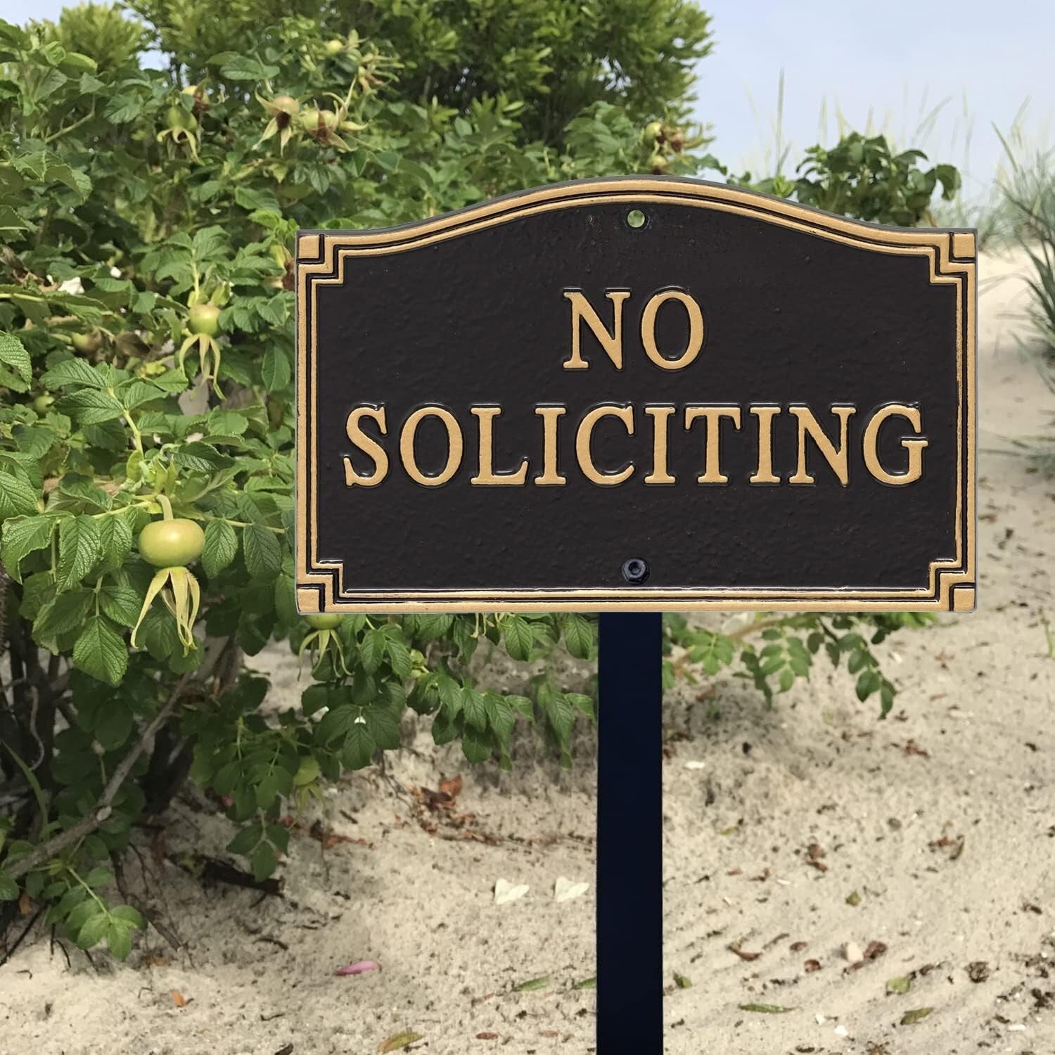 Elegant No Soliciting Metal Sign with 18" Lawn Stake - Weather Resistant Plaque