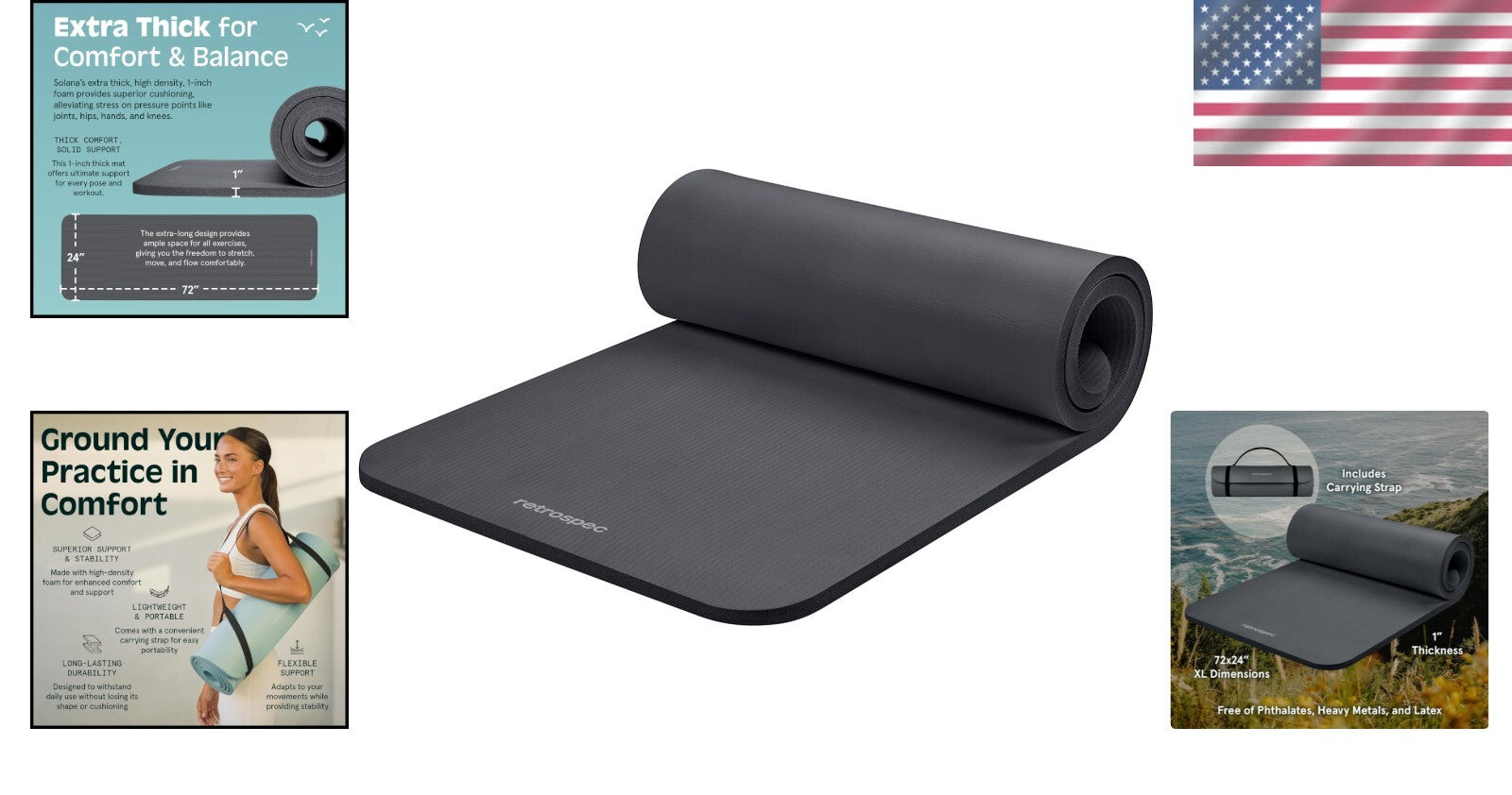 Thick & Portable Solana Yoga Mat 1" with Nylon Strap - Ideal for All Workouts