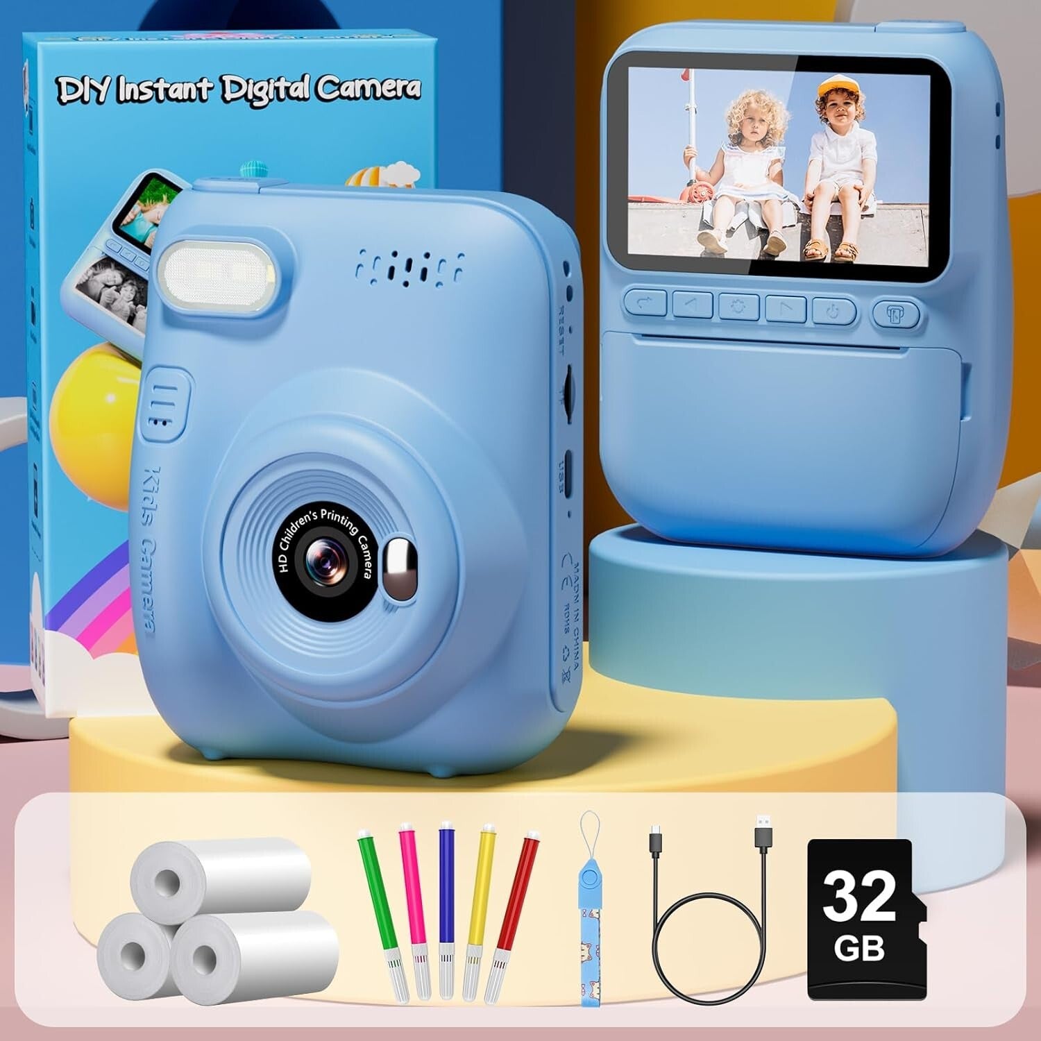 Exciting Instant Print Kids Camera with Built-in Flash & Color Pencils - Blue