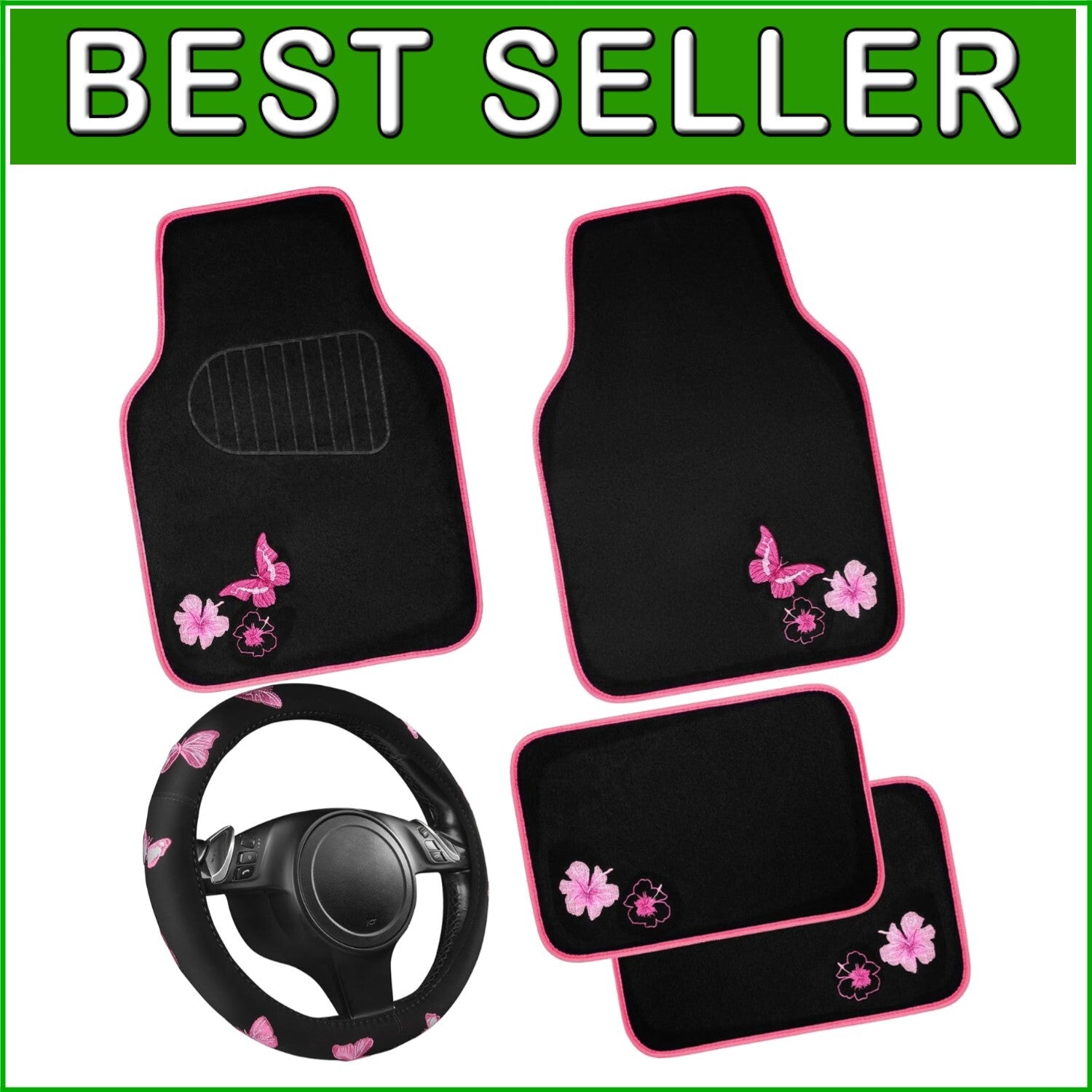 Elegant Pink Car Mats & Exercising Steering Wheel Cover with Butterfly Design