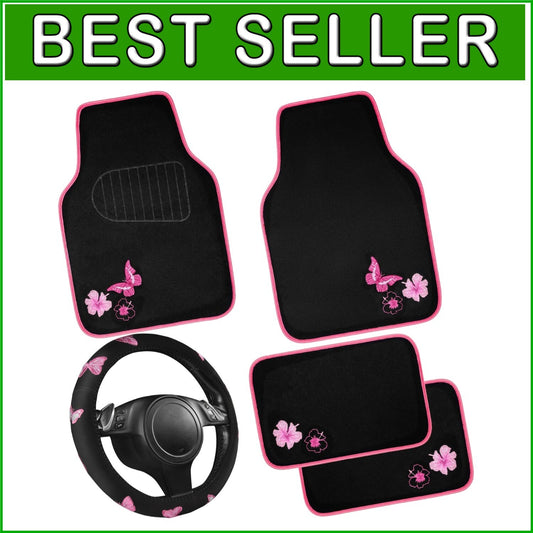 Elegant Pink Car Mats & Exercising Steering Wheel Cover with Butterfly Design