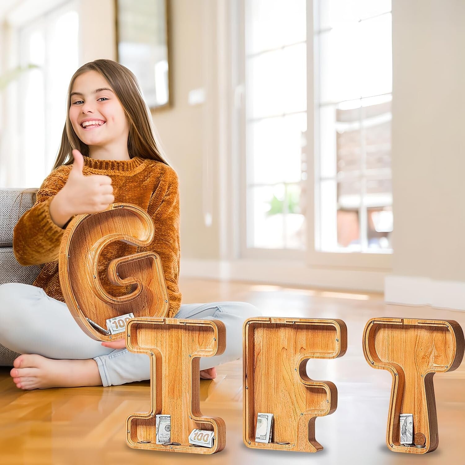 12'' Extra-Large Personalised Wooden Letter Piggy Bank for Kids - Initial C