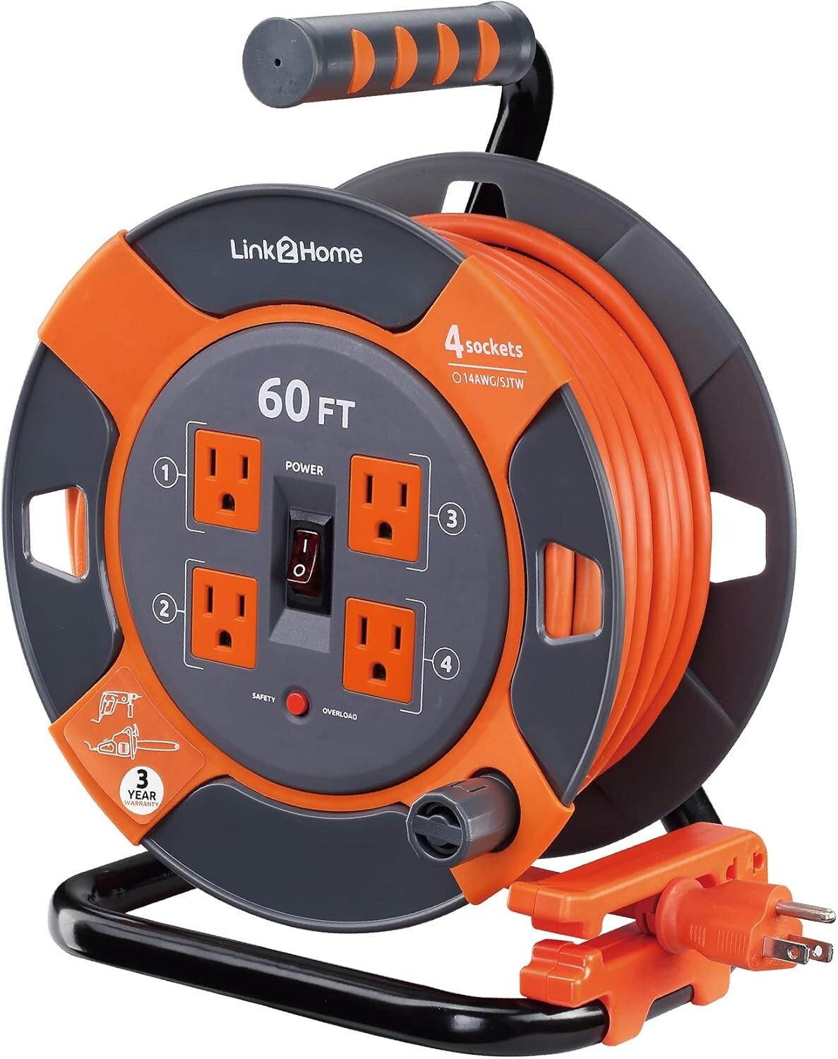 60 Ft High Visibility Extension Cord Reel - 4 Outlets & Tangle-Free Management