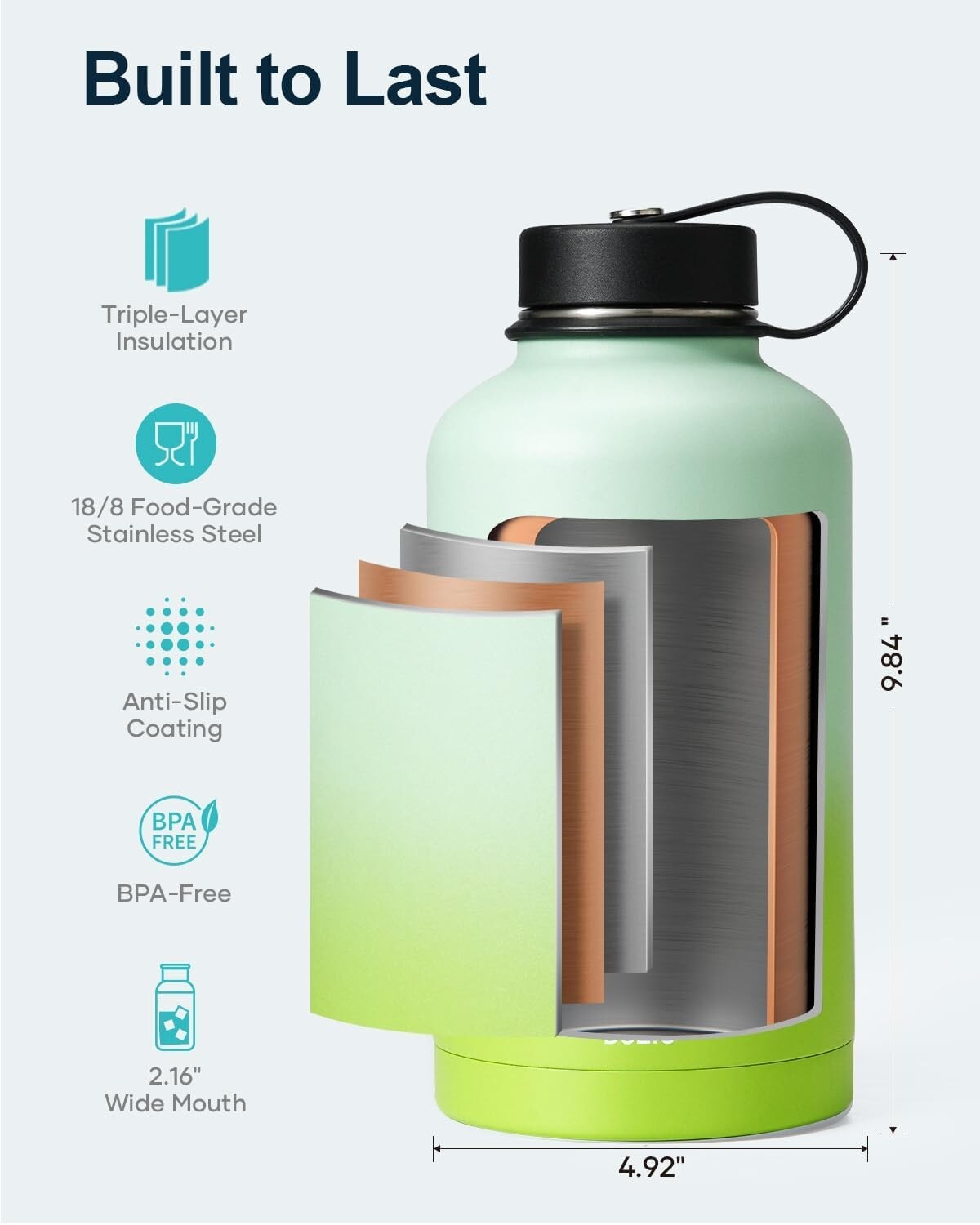 64oz Vacuum Insulated Water Flask - Keeps Cold 48hrs, Ideal for Sports & Camping