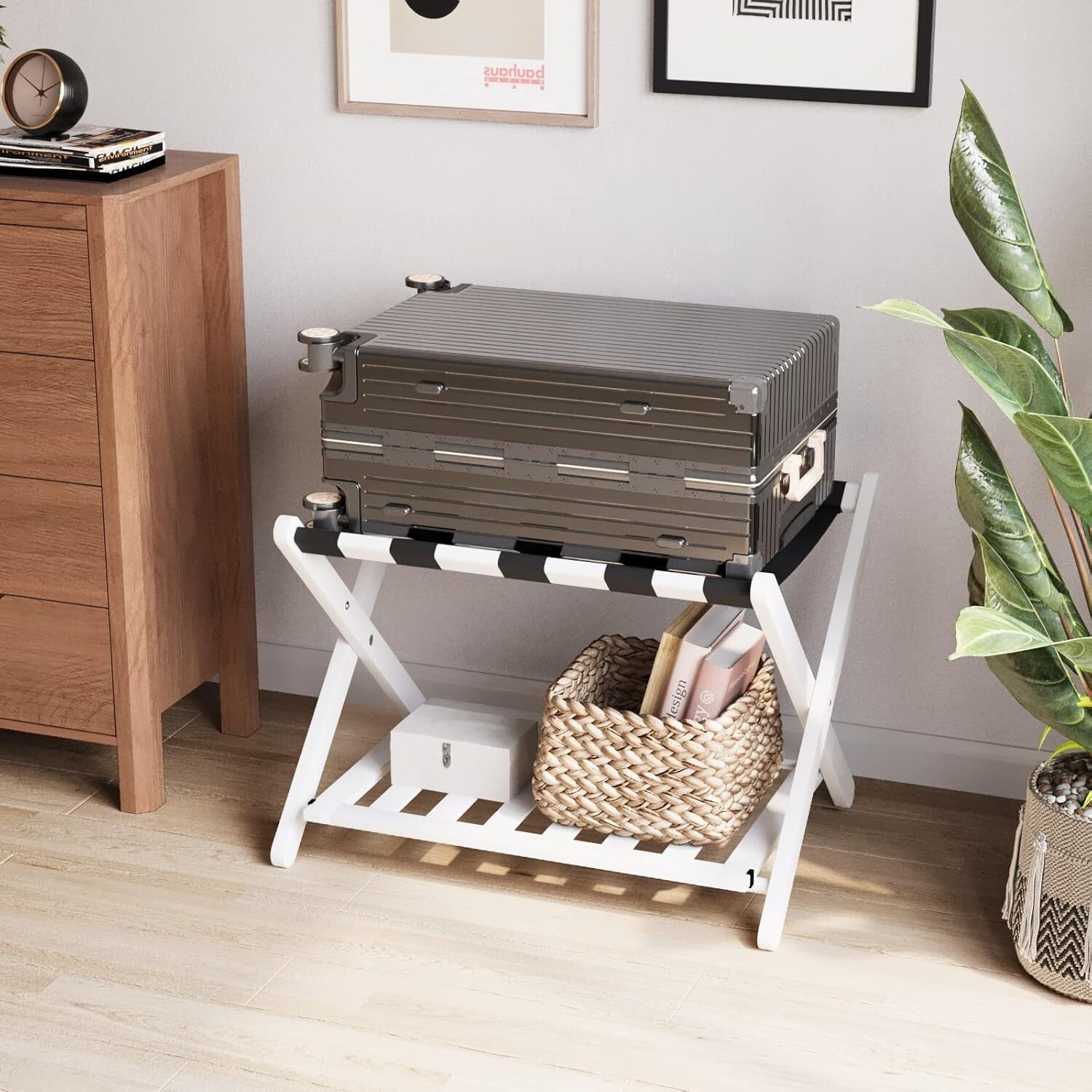 Elegantly Foldable Bamboo Luggage Rack with Upgraded 5 Nylon Straps, 1 Pc