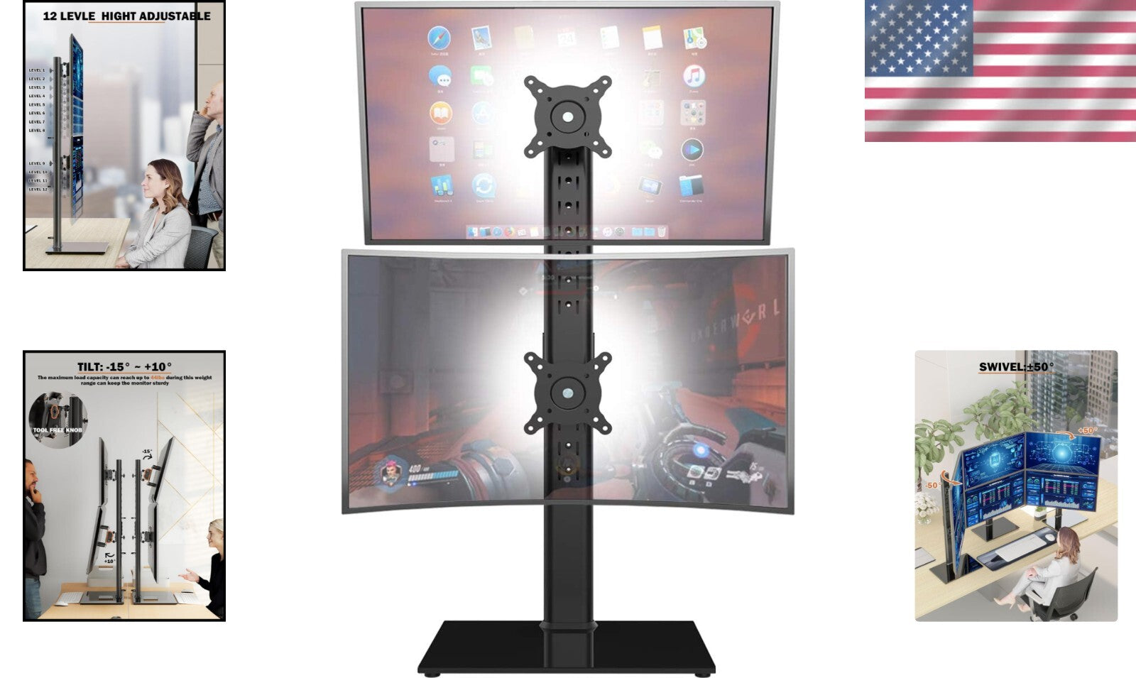 Ergonomic Dual Monitor Stand - Adjustable Height Riser for 13" to 34" Screens