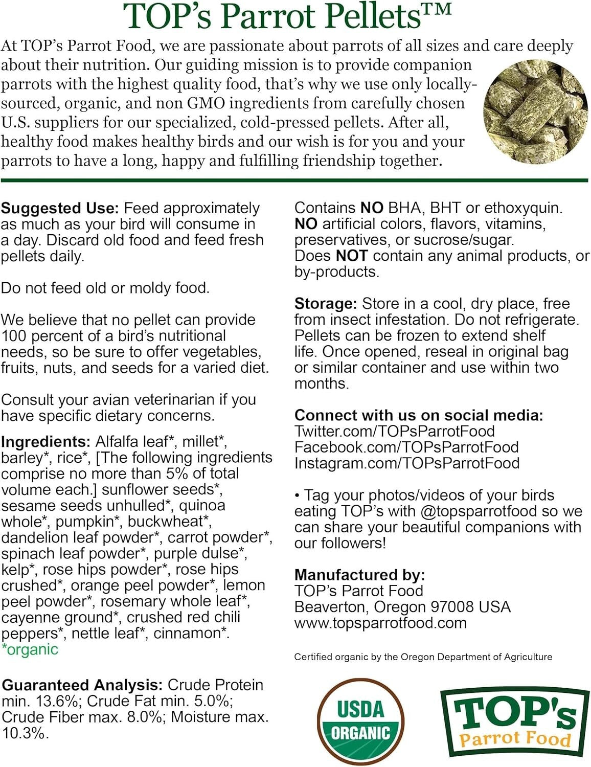 USDA Certified Organic Mini Pellets Bird Food for Budgies & Lovebirds - 25 lbs