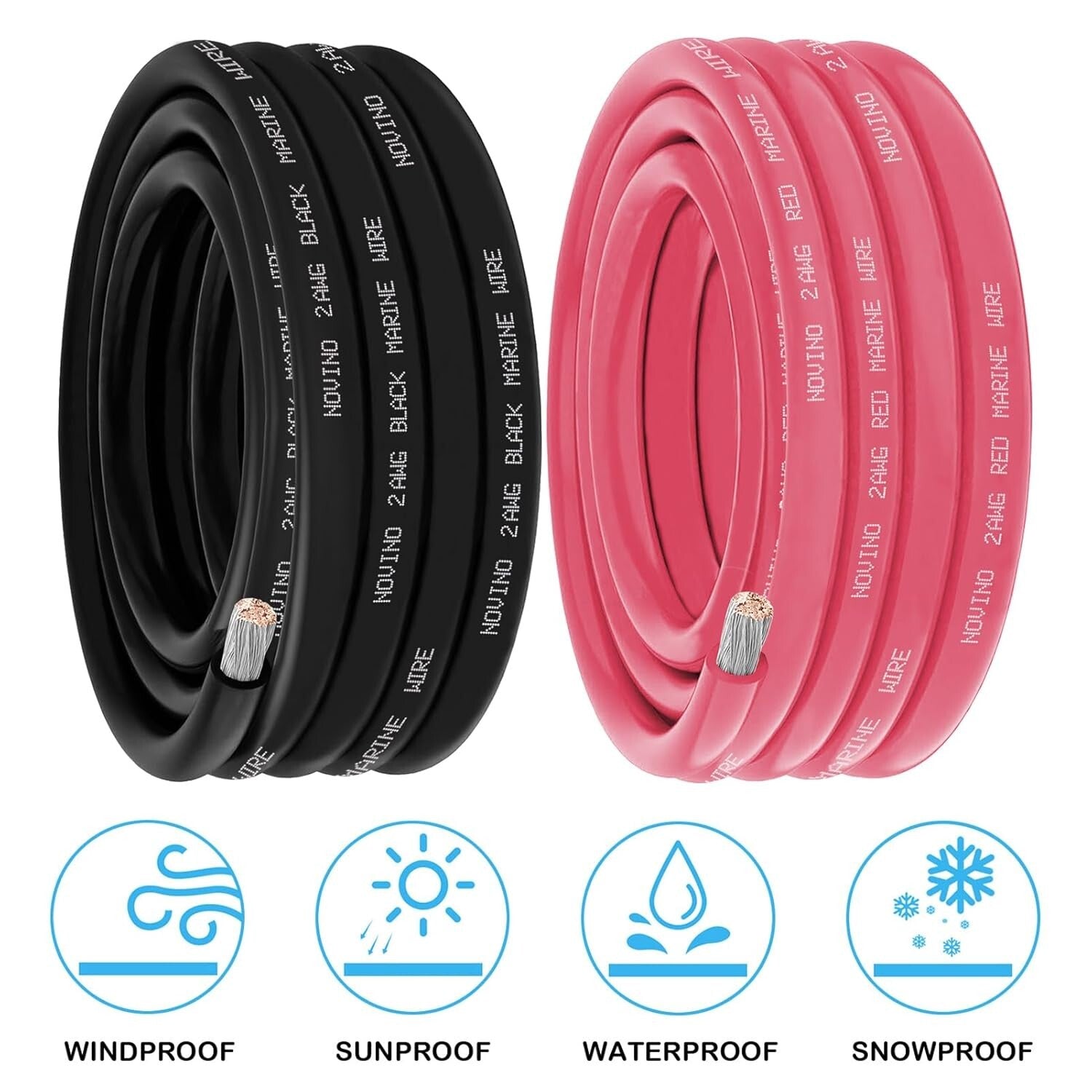 Heavy-Duty 2 AWG Marine Wire - 25FT Red & 25FT Black for Extreme Environments