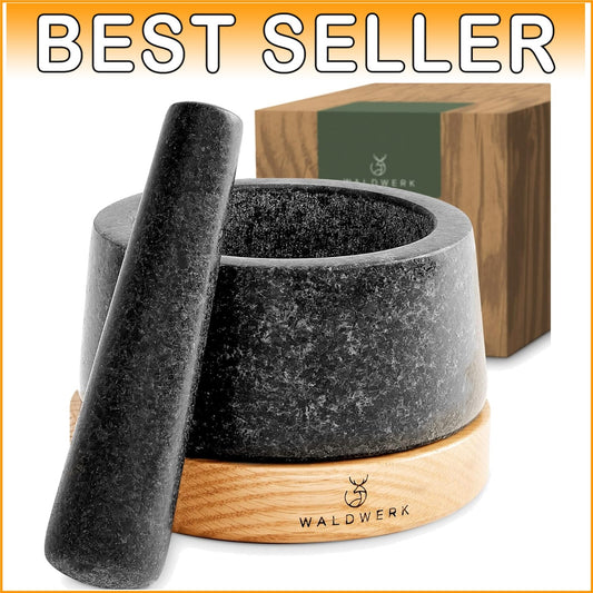 Elegant Granite Mortar & Pestle with Anti-Scratch Oak Base - Extra Large Size