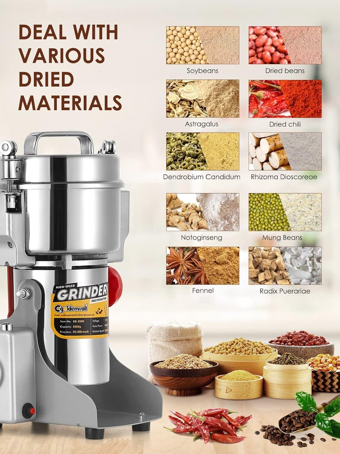 300g Commercial Spice & Grain Grinder - 220V Swing Design with Auto Protection