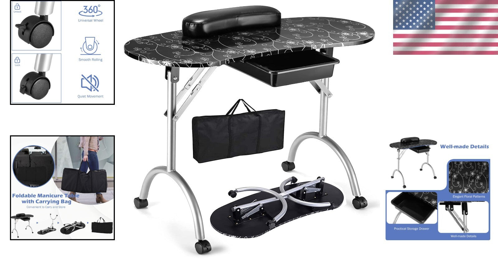 Foldable Portable Manicure Table with Large Drawer & Lockable Casters, Black