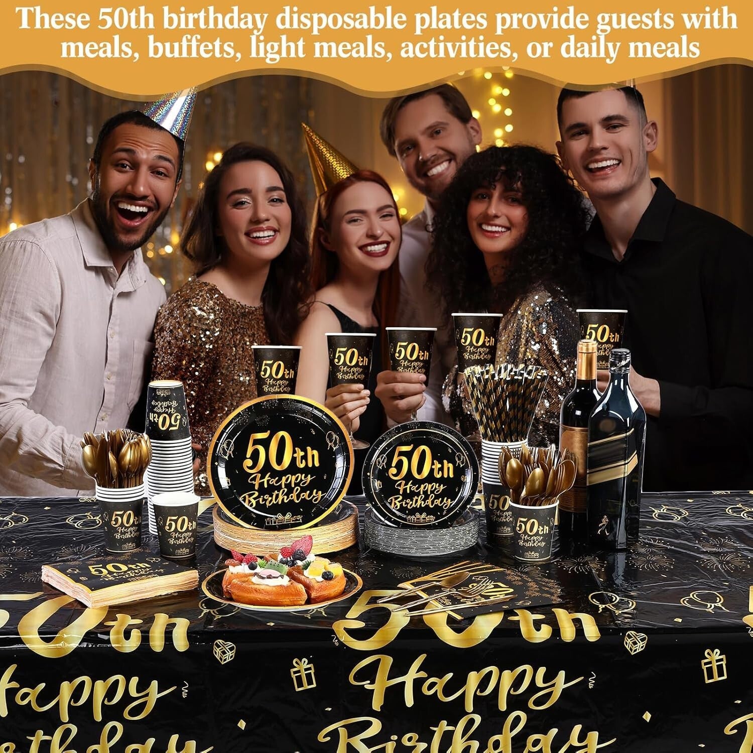 452 Pcs Elegant Black and Gold 50th Birthday Party Set - Plates, Cups & Decor