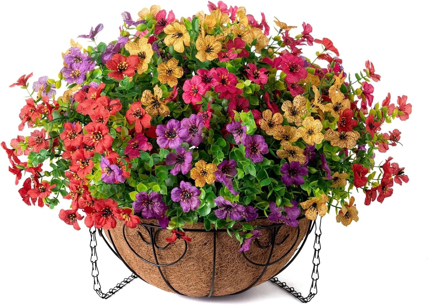 Beautiful Silk Flower Hanging Basket with Rattan for Porches and Gardens